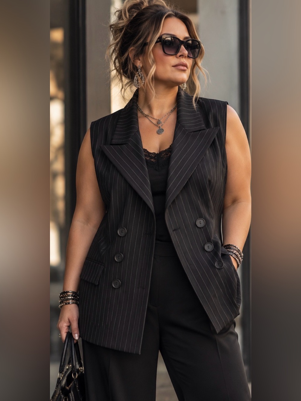 Black Pinstripe Double Breasted Sleeveless Blazer Vest Corporate Goth